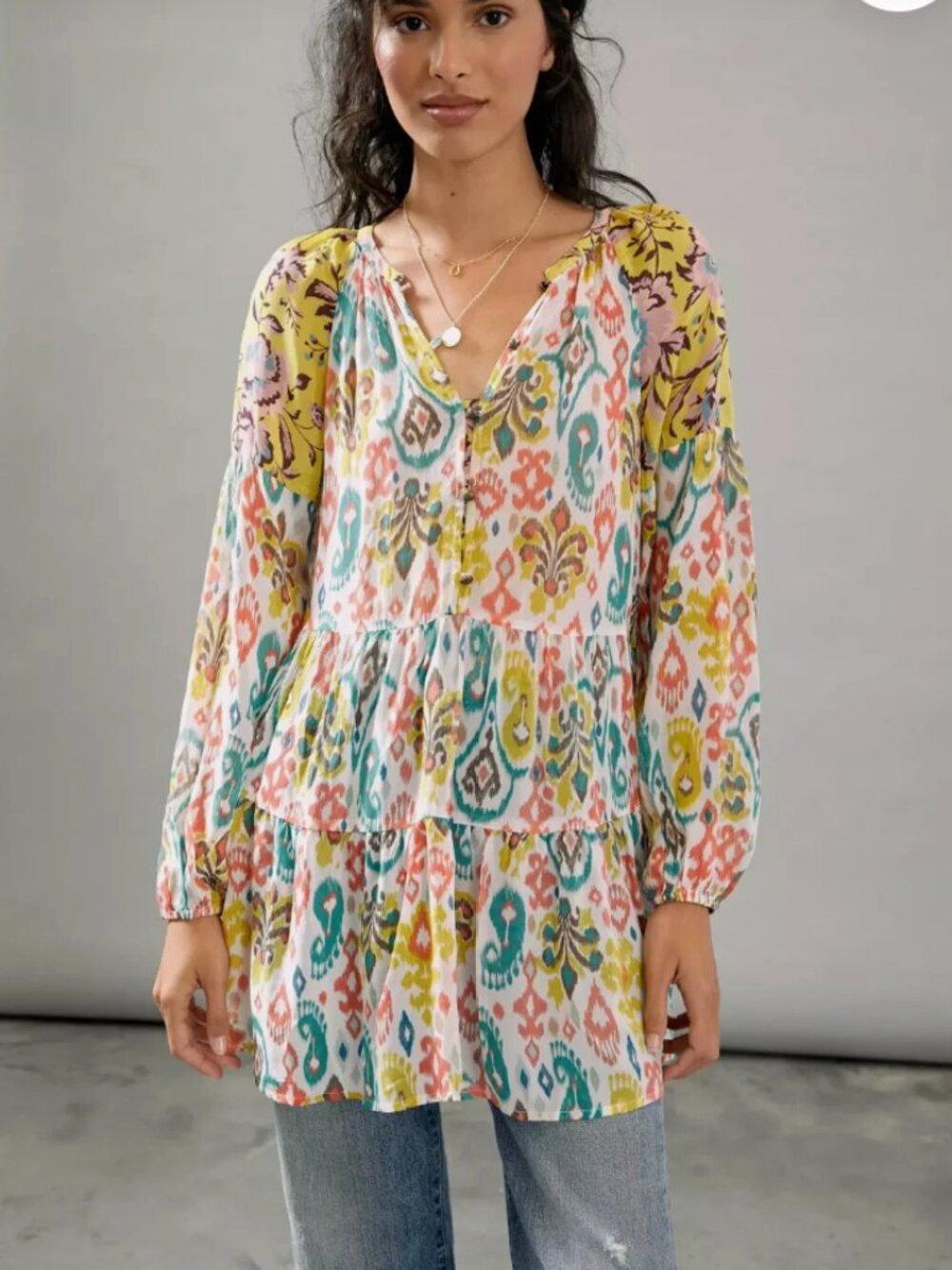 Anthropologie Maureen Babydoll Ikat Print Tie-Front Top size M